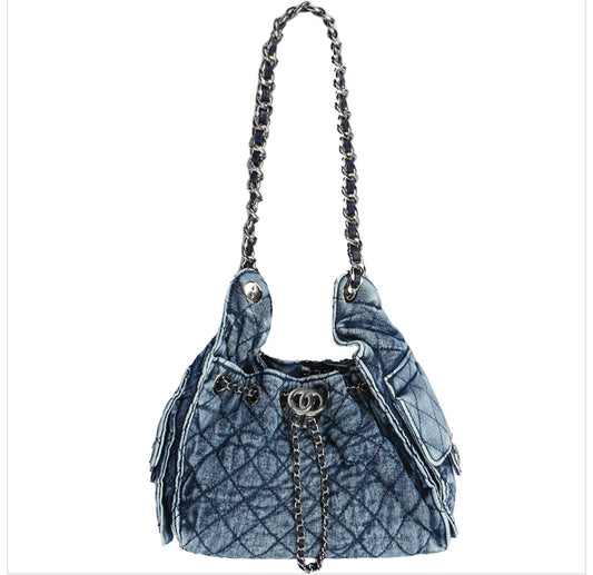 Quilted Denim Design Drawstring Bag