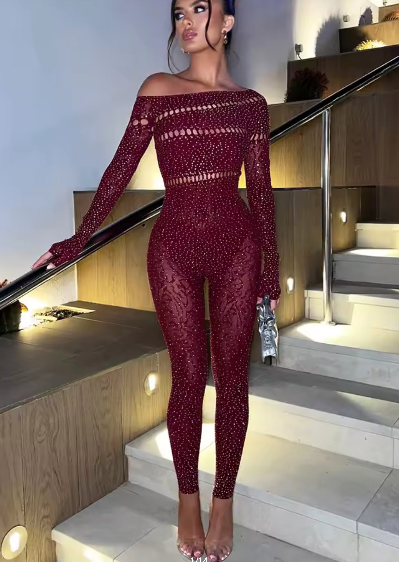 Glamour Rhinestone Jumpsuit (burgundy)