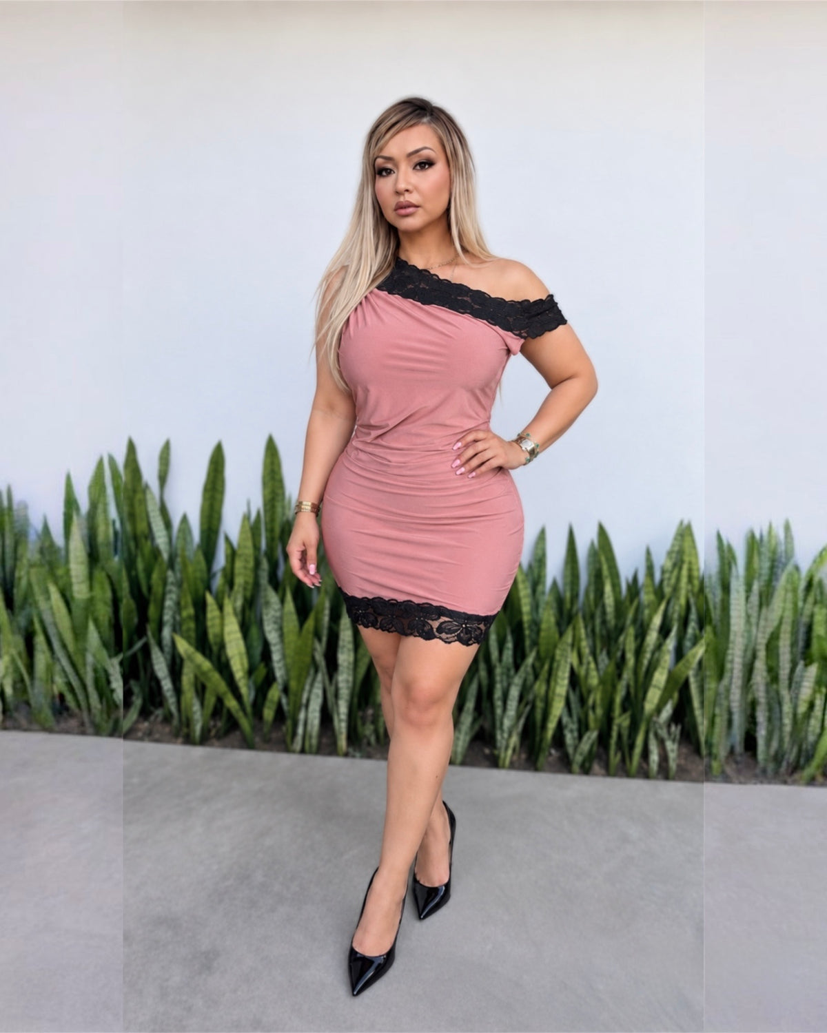 Lace Trim Dress Rose