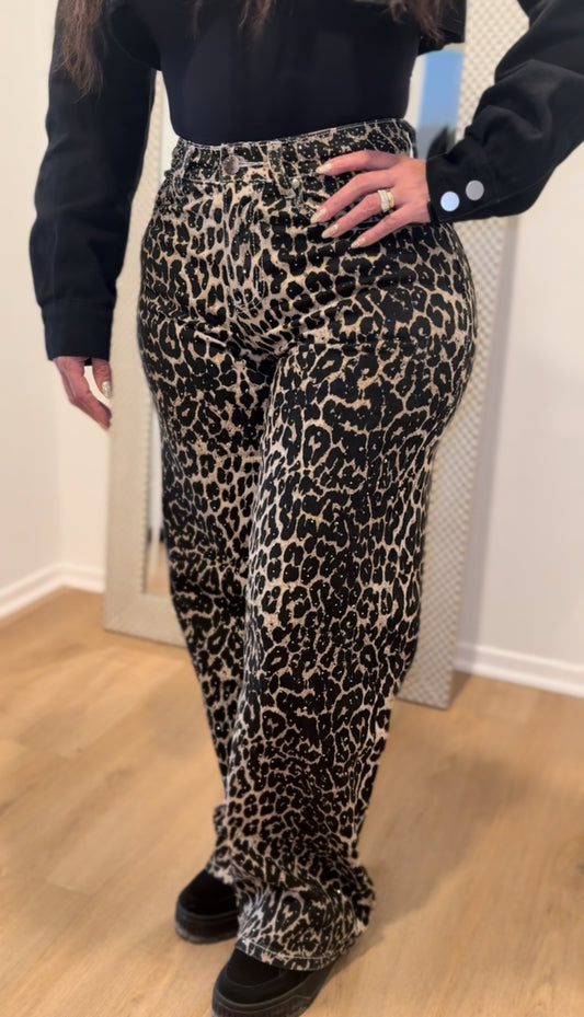 Leopard Wide Crystal Jeans