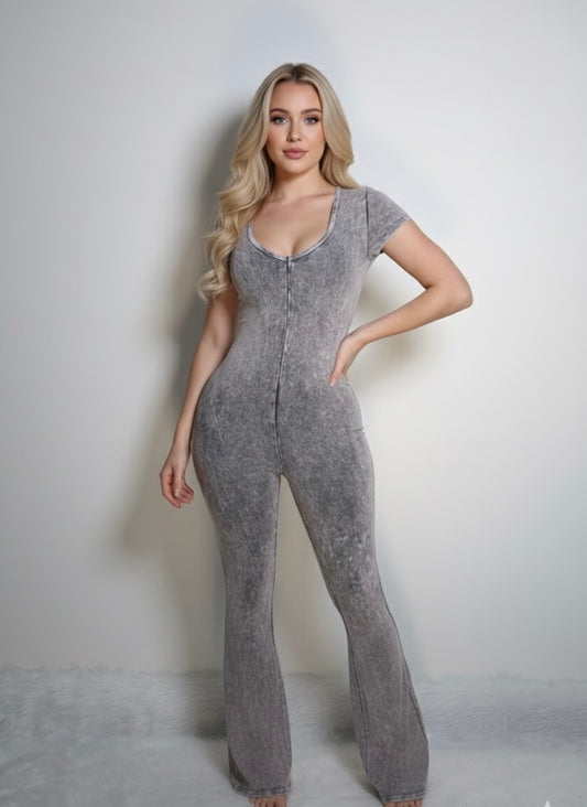 Acid wash bell bottoms jumpsuit