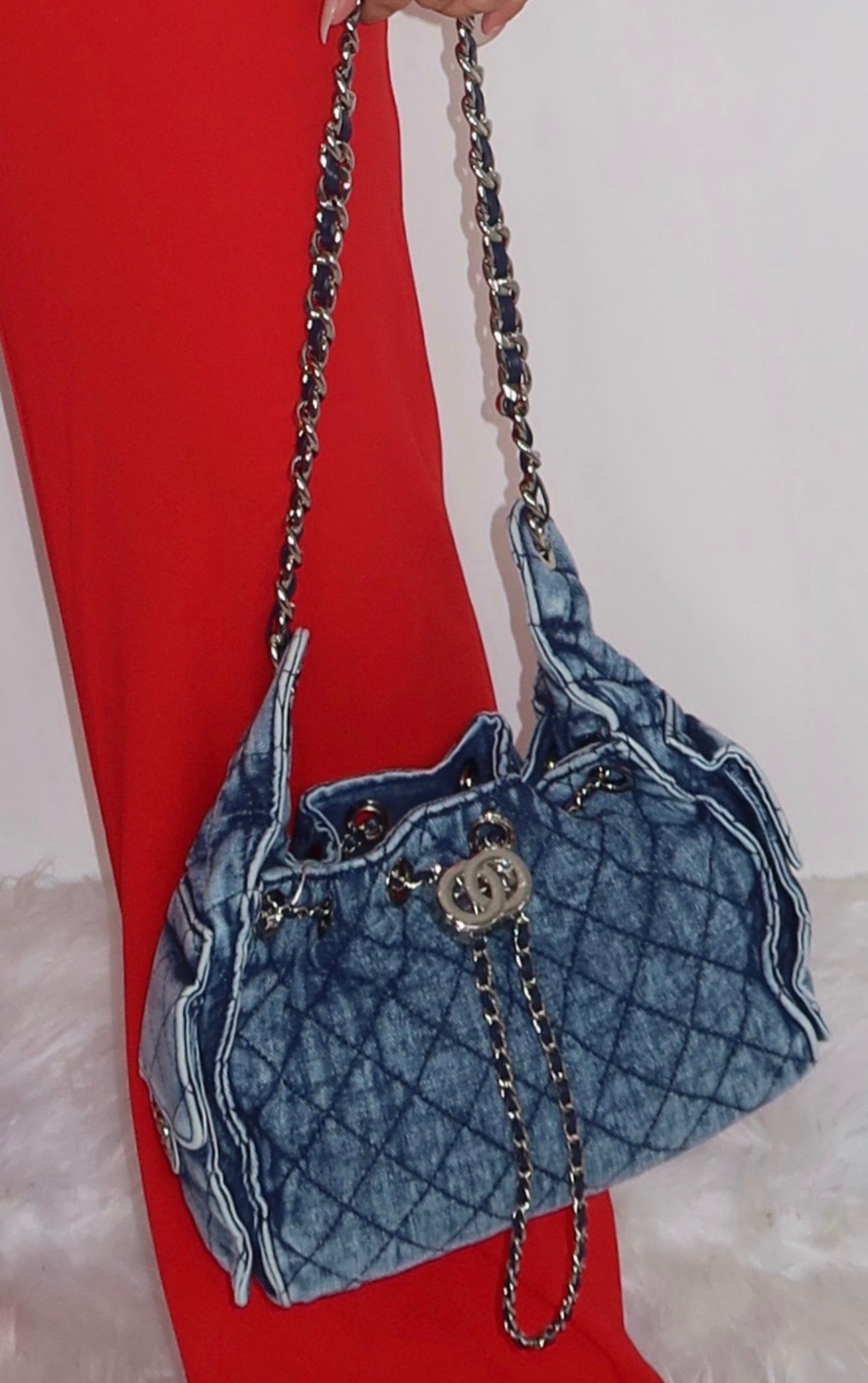 Quilted Denim Design Drawstring Bag